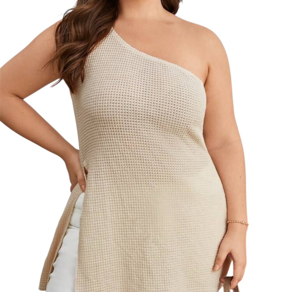 SHEIN Essnce Plus One Shoulder Split Hem Waffle Knit Top
